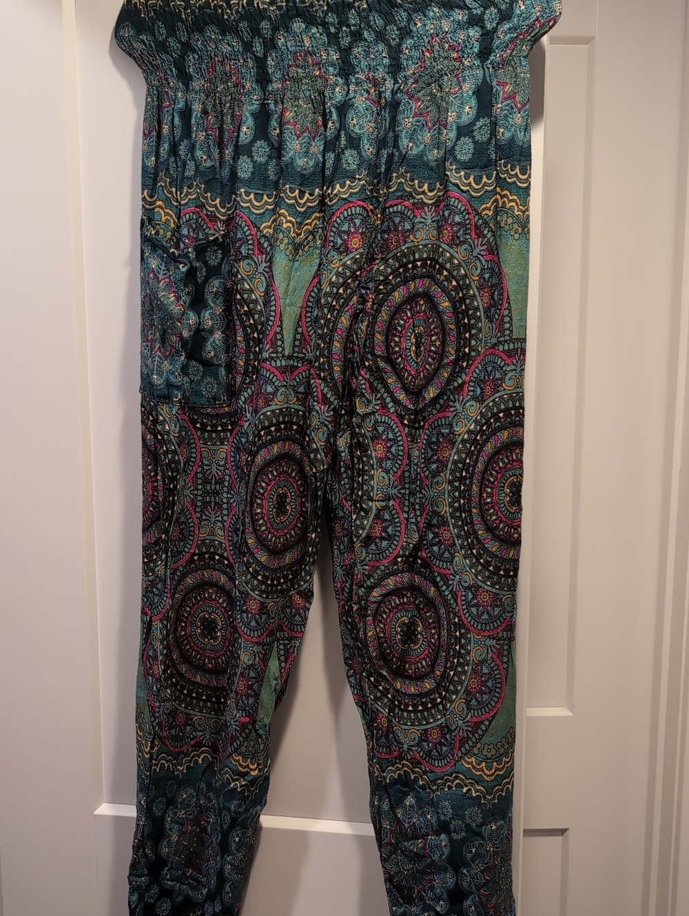 Boho Printed Smocked Waist Pants in Teal and Black